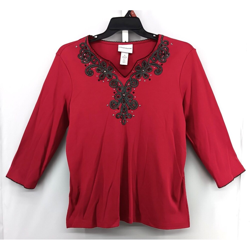 Alfred Dunner Shirt Women Medium Red Embellished Split V Neck 3/4 Sleeve Top NWT